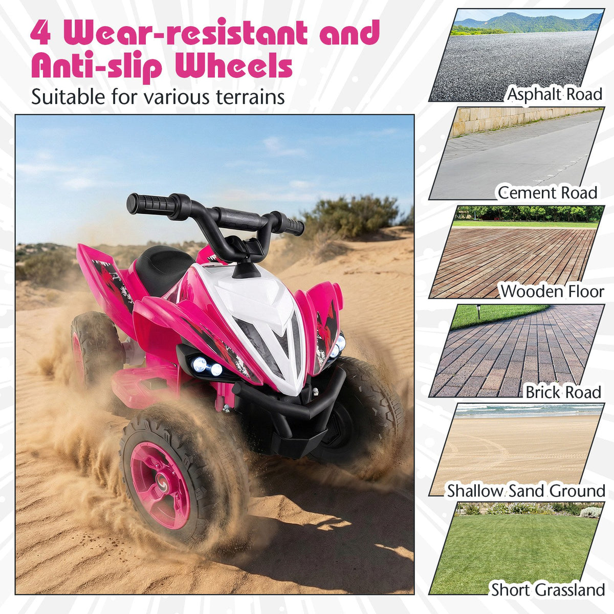 12V Kids Ride On ATV 4-Wheeler Quad with LED Lights and 7 mph Max Speed-Pink view 9
