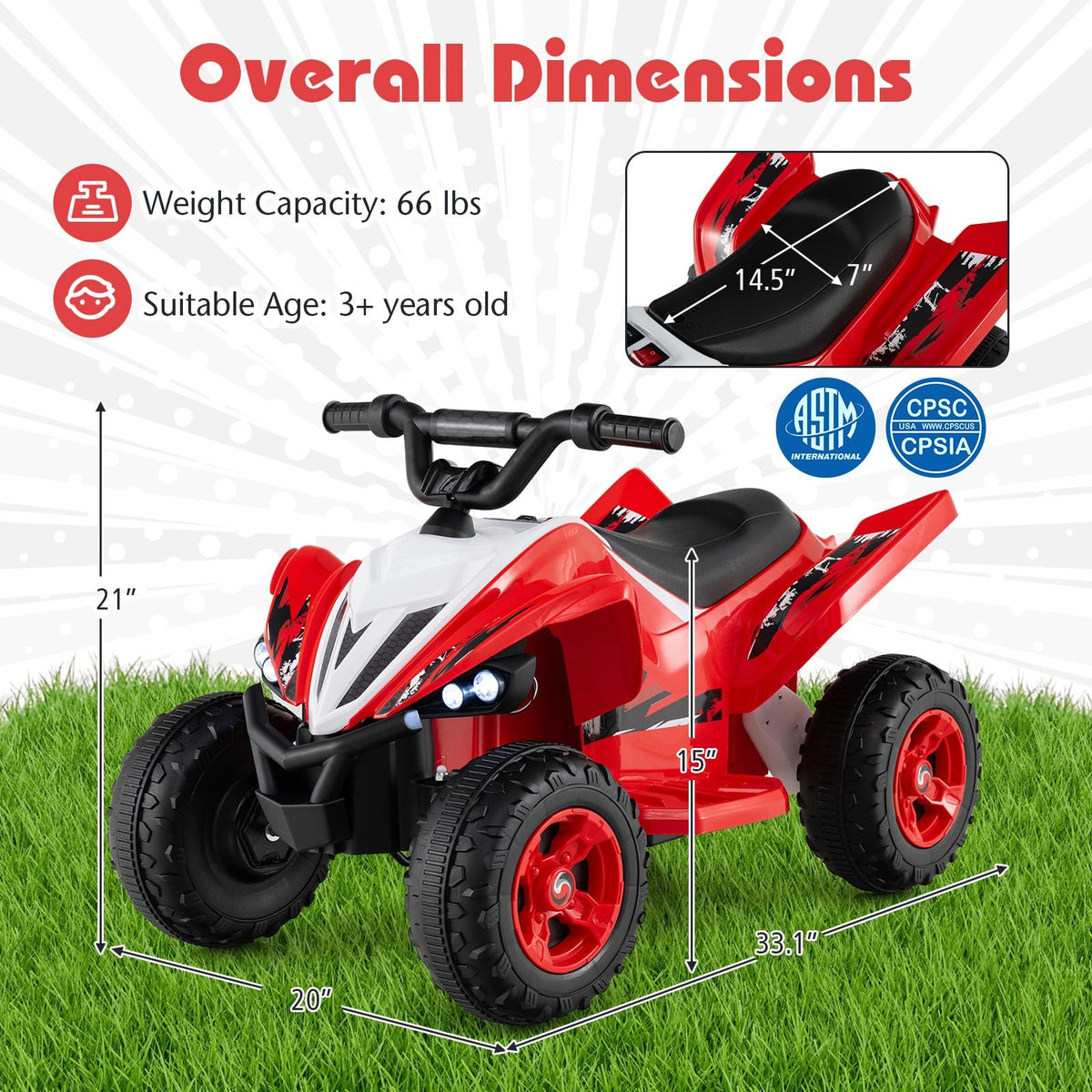 12V Kids Ride On ATV 4-Wheeler Quad with LED Lights and 7 mph Max Speed-Red view 5