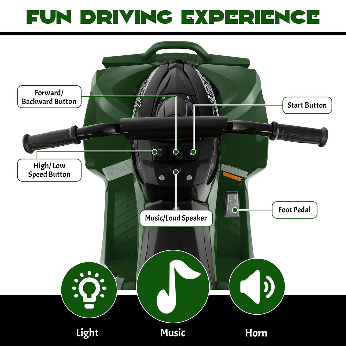12V Kids Ride On ATV with High/Low Speed and Comfortable Seat-Army Green view 7
