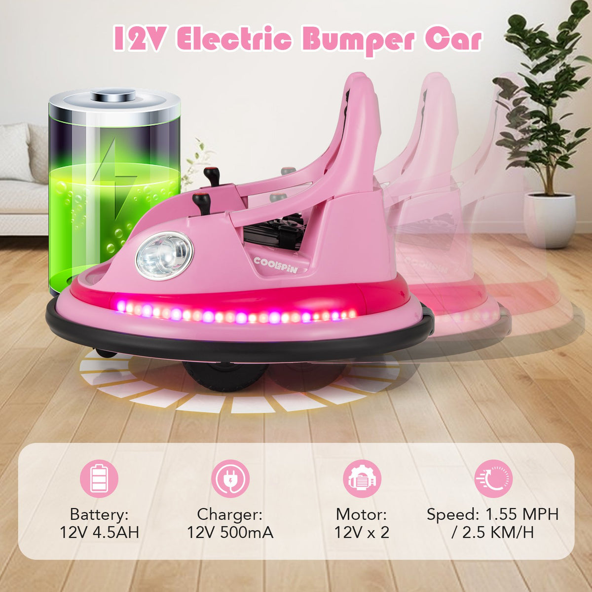 12V Kids Ride On Bumper Car with Remote Control and Dual Joysticks-Pink view 7