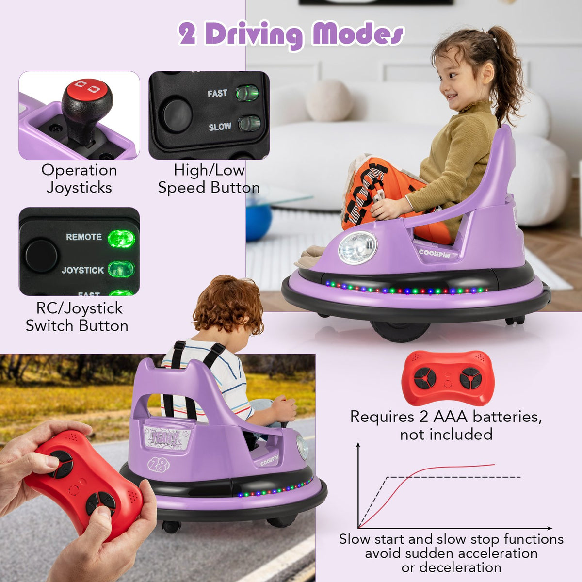 12V Kids Ride On Bumper Car with Remote Control and Dual Joysticks-Purple view 8