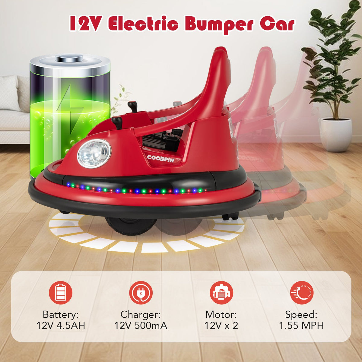 12V Kids Ride On Bumper Car with Remote Control and Dual Joysticks-Red view 7