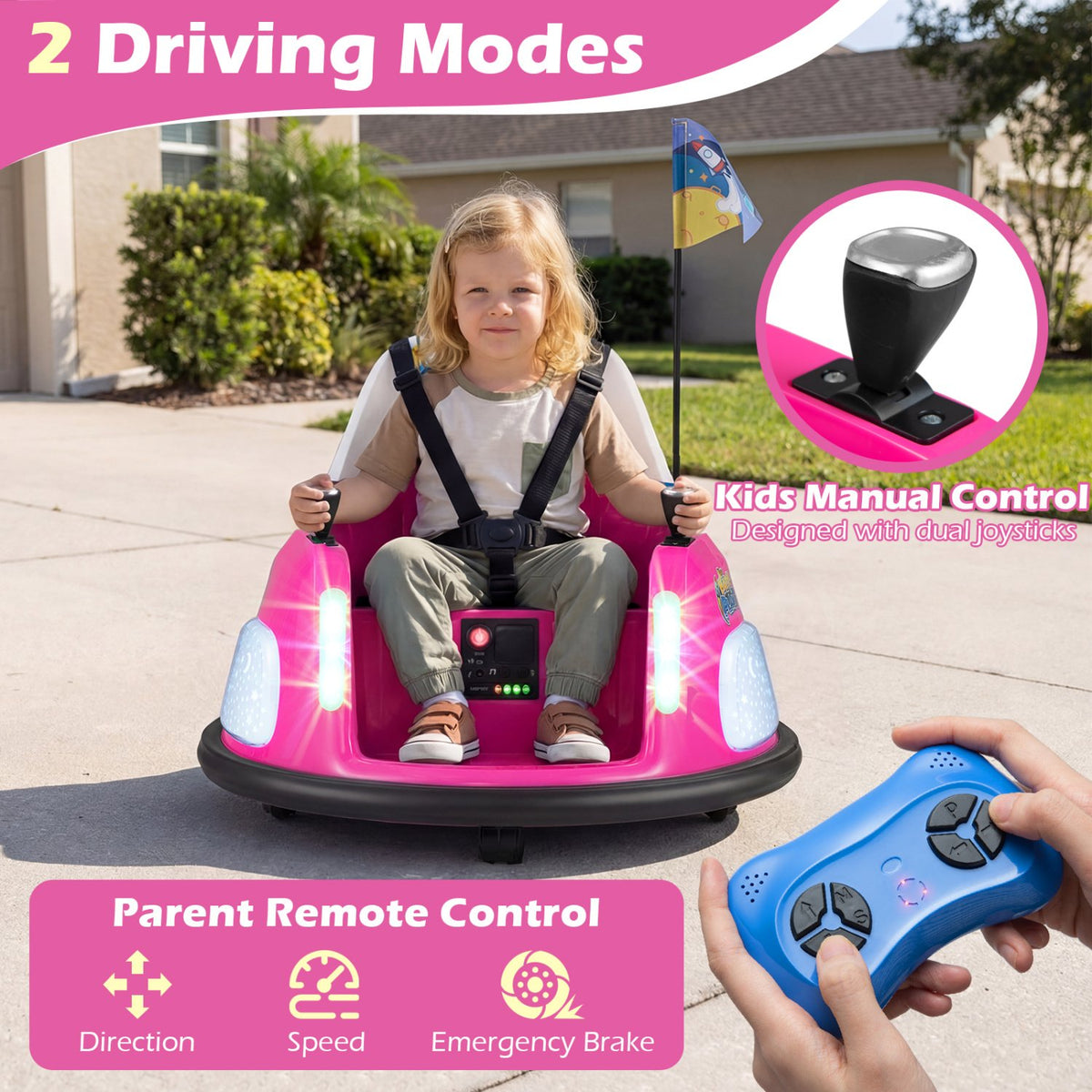 12V Kids Ride On Bumper Car with Remote Control and Flashing Lights-Pink view 7
