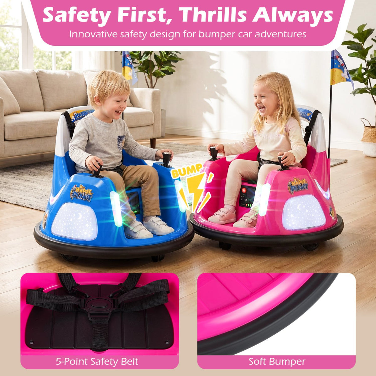 12V Kids Ride On Bumper Car with Remote Control and Flashing Lights-Pink view 9