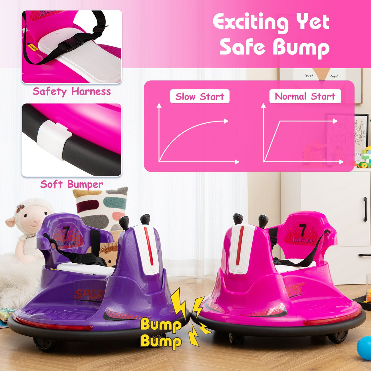 12V Kids Ride On Bumper Car with Remote Control Lights and Music-Pink view 6