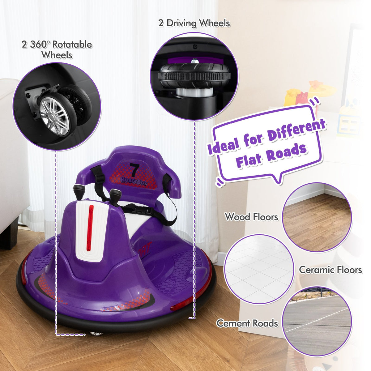 12V Kids Ride On Bumper Car with Remote Control Lights and Music-Purple view 8