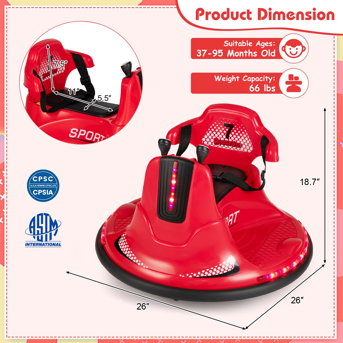 12V Kids Ride On Bumper Car with Remote Control Lights and Music-Red view 4