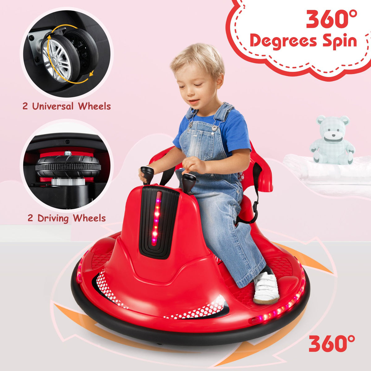 12V Kids Ride On Bumper Car with Remote Control Lights and Music-Red view 7