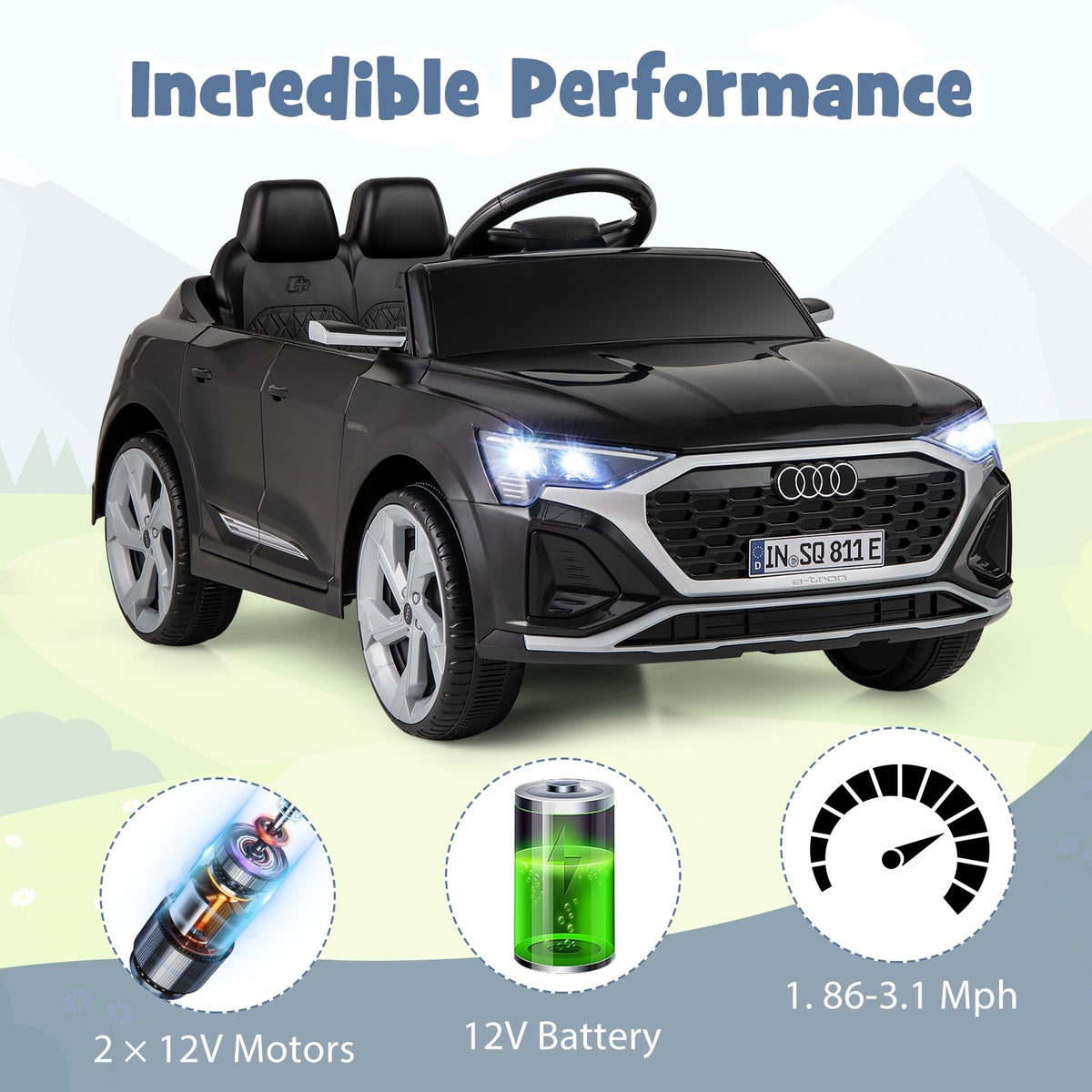 12V Kids Ride on Car Licensed Audi SQ8 with Remote Control and 3 Speeds-Black view 8