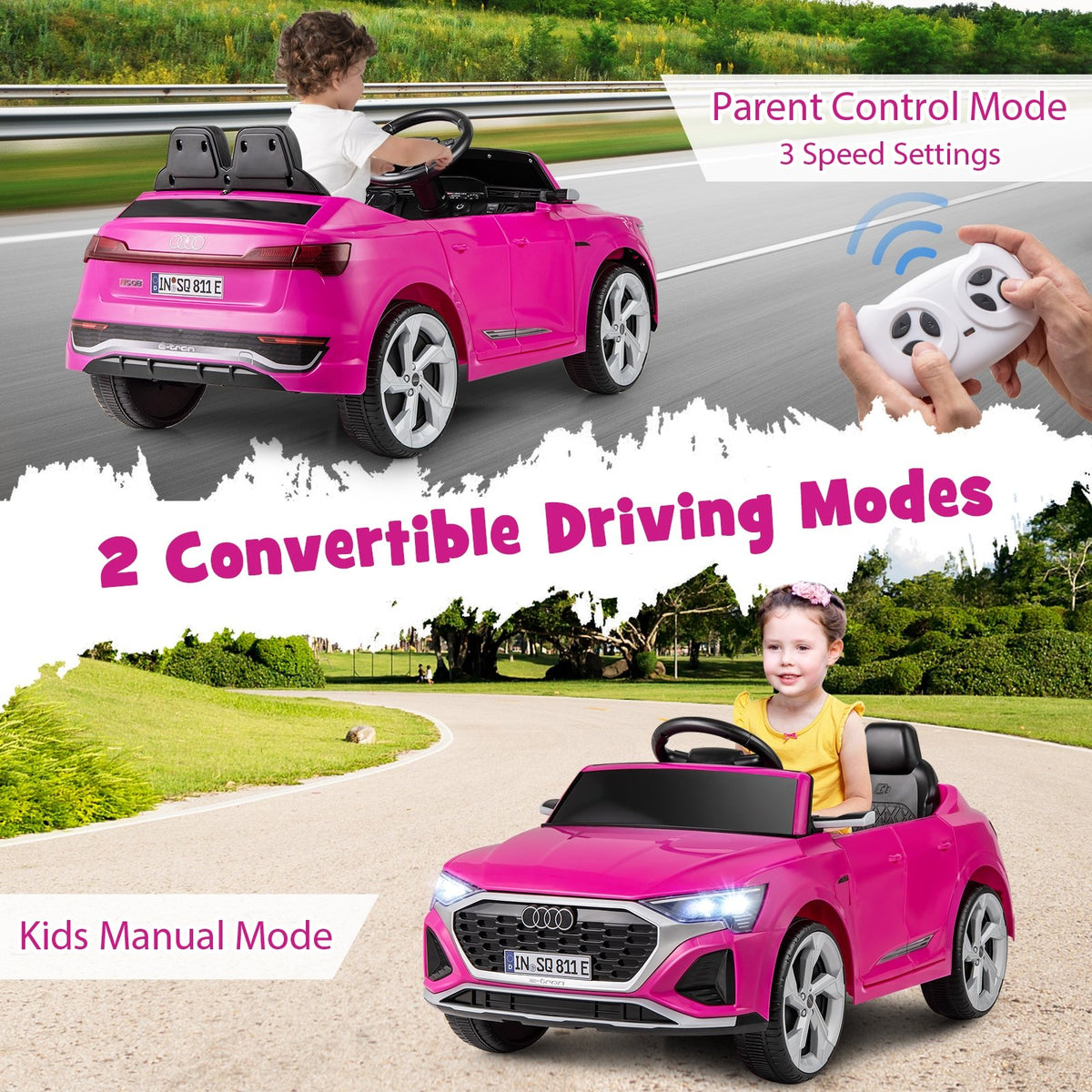 12V Kids Ride on Car Licensed Audi SQ8 with Remote Control and 3 Speeds-Pink view 2