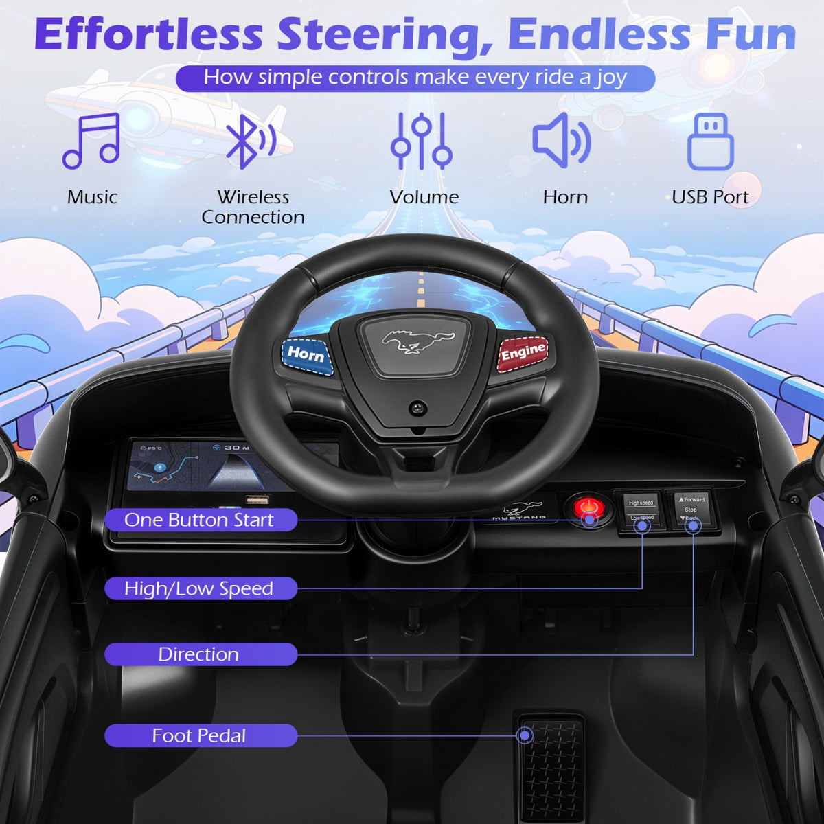 12V Kids Ride on Car Licensed Ford Mach E with Parent Control and Horn-Black view 6