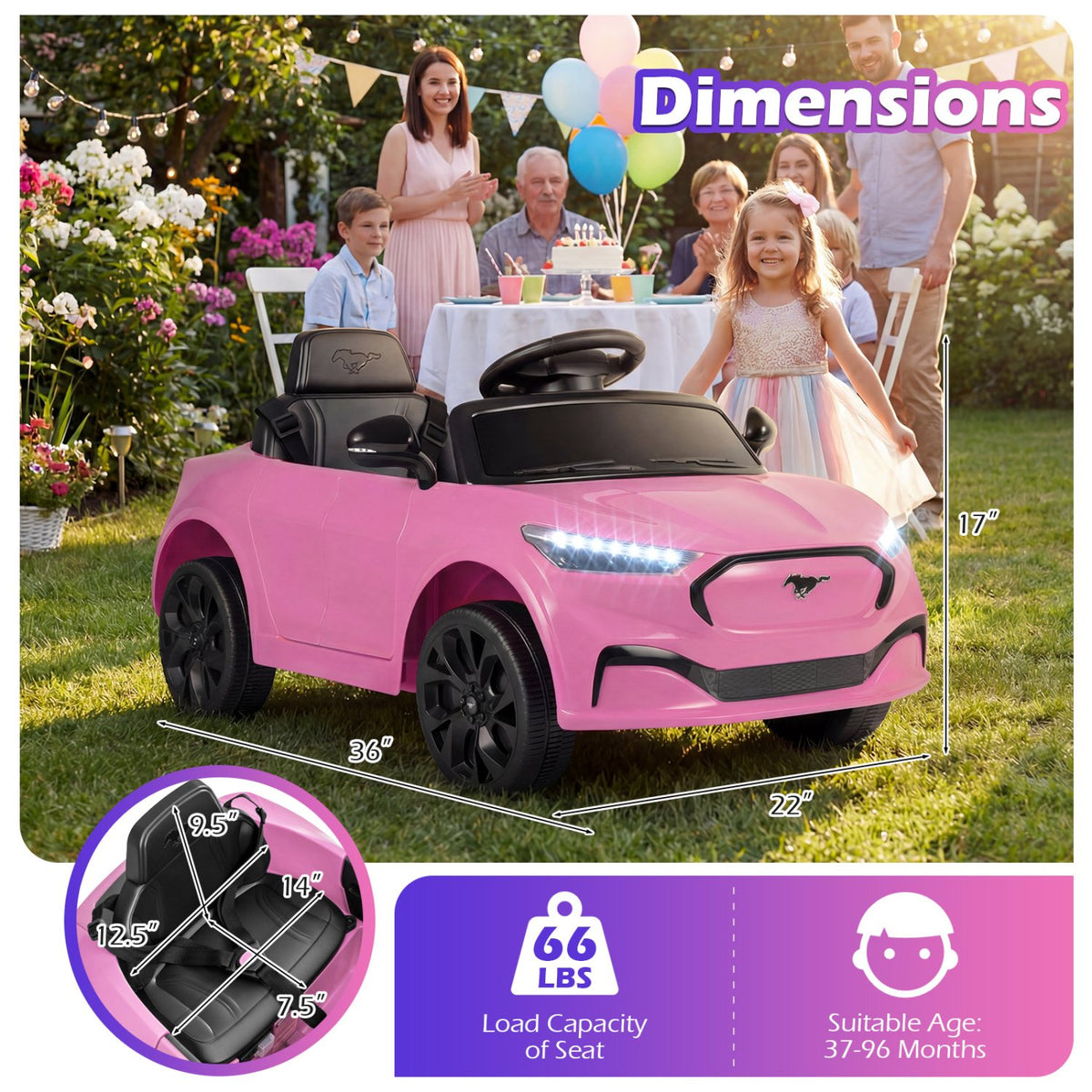 12V Kids Ride on Car Licensed Ford Mach E with Parent Control and Horn-Pink view 4