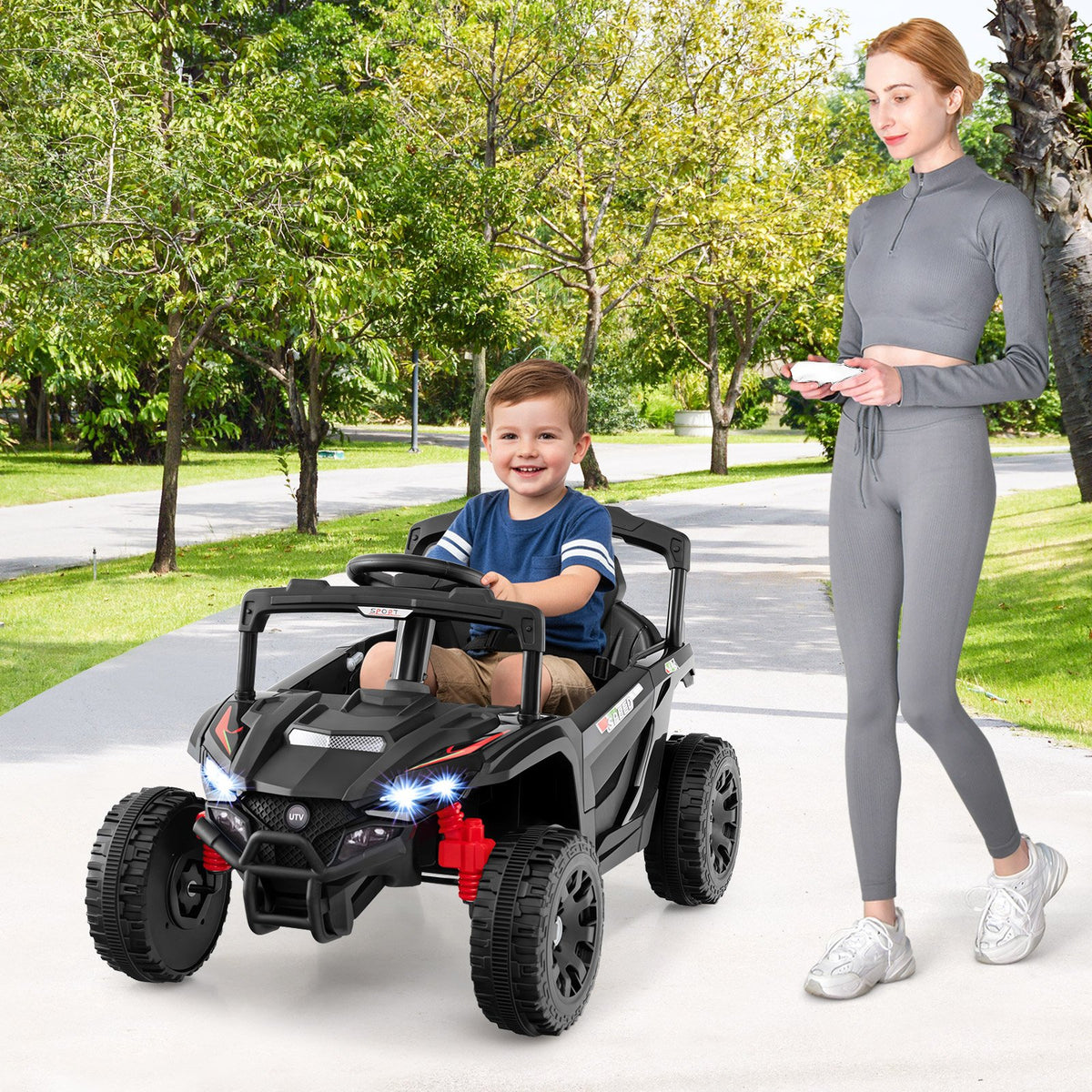12V Kids Ride On Car UTV Electric Vehicle with LED Lights, Music and Horn-Black view 3