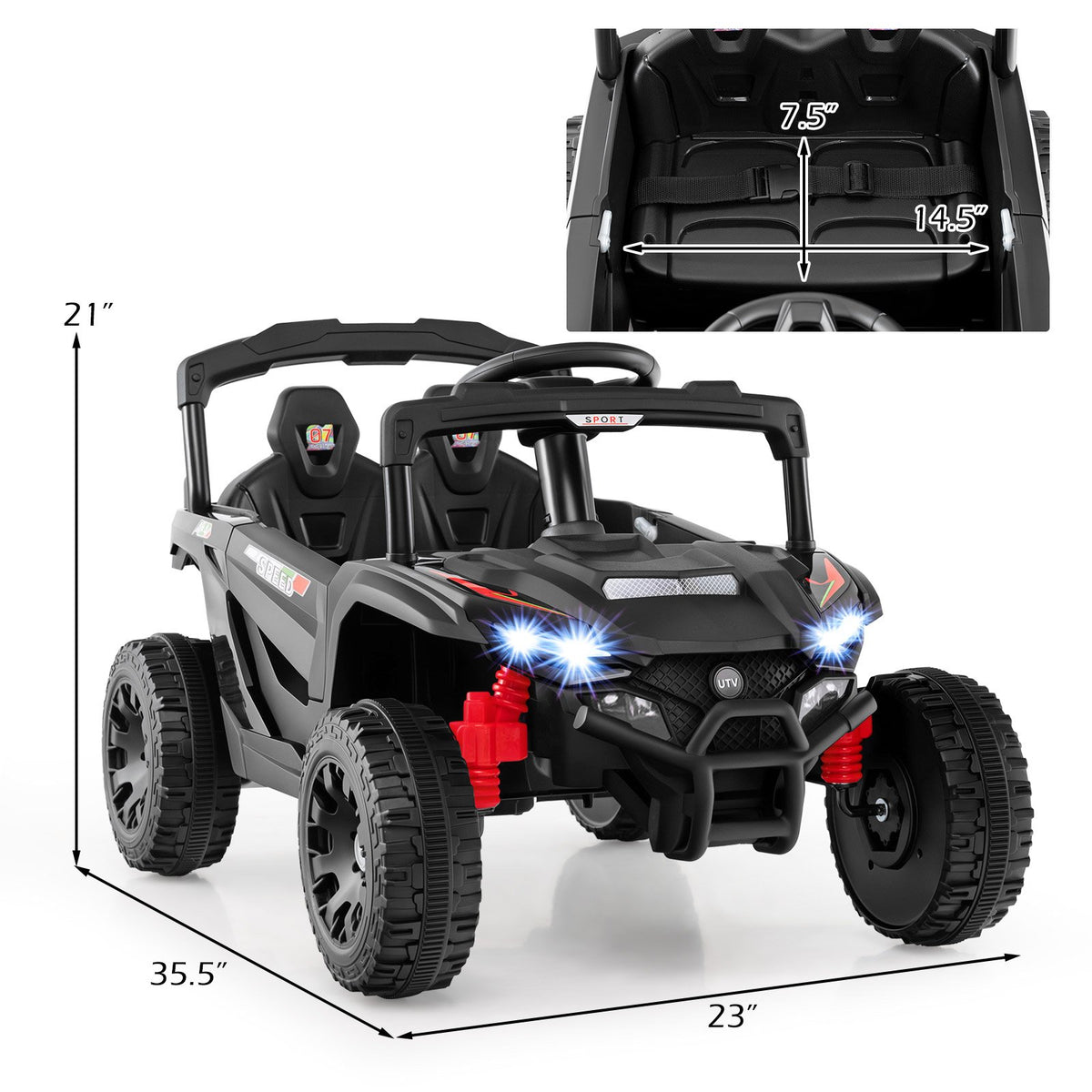 12V Kids Ride On Car UTV Electric Vehicle with LED Lights, Music and Horn-Black view 5