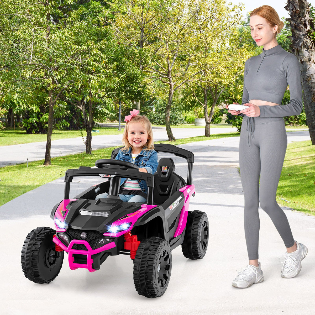 12V Kids Ride On Car UTV Electric Vehicle with LED Lights, Music and Horn-Hot Pink view 2