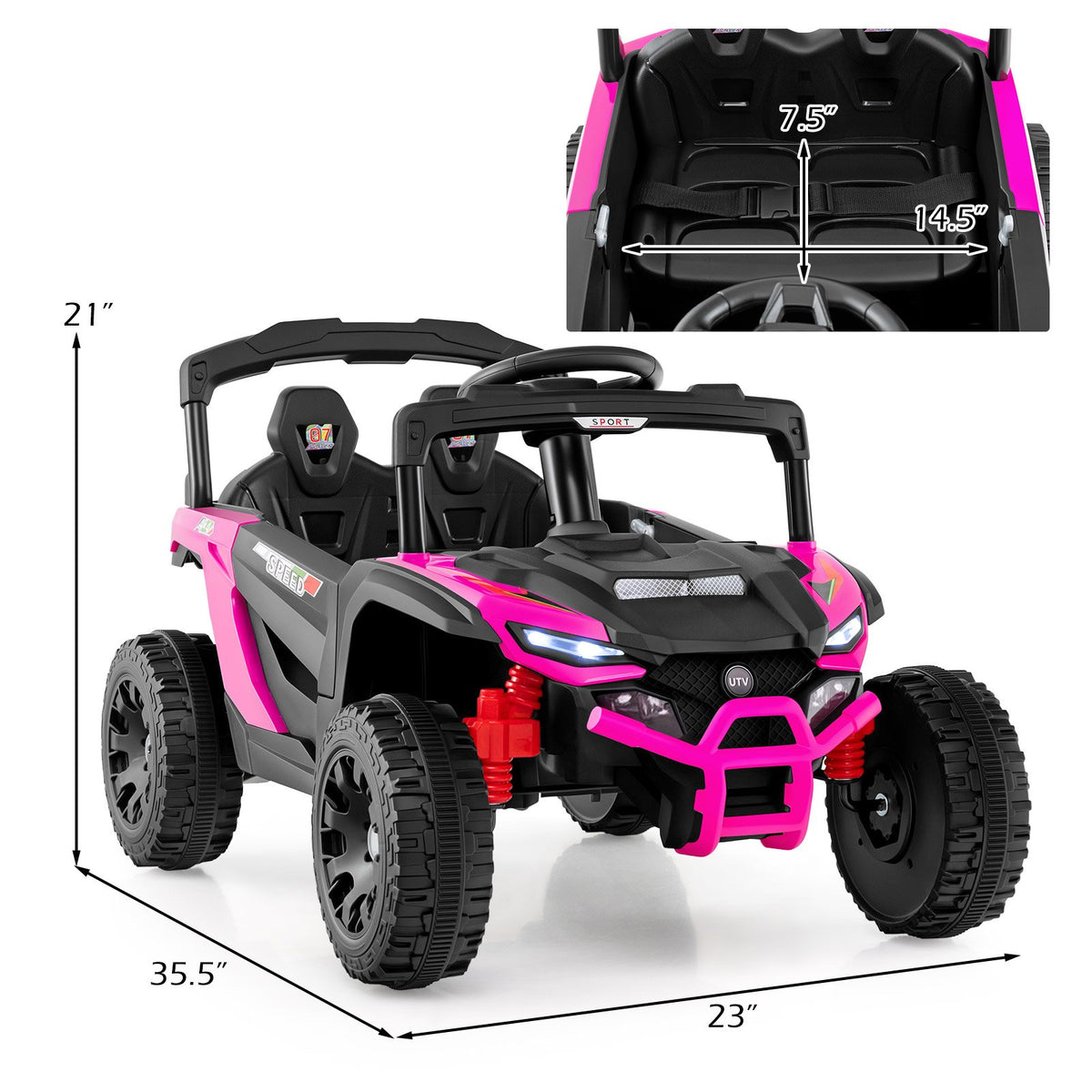 12V Kids Ride On Car UTV Electric Vehicle with LED Lights, Music and Horn-Hot Pink view 5