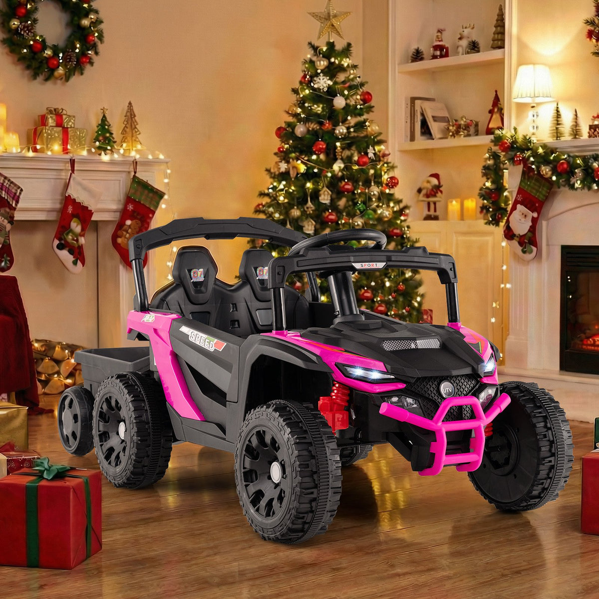 12V Battery Powered Ride On Tractor with Parent Remote Control-Black and Pink view 6