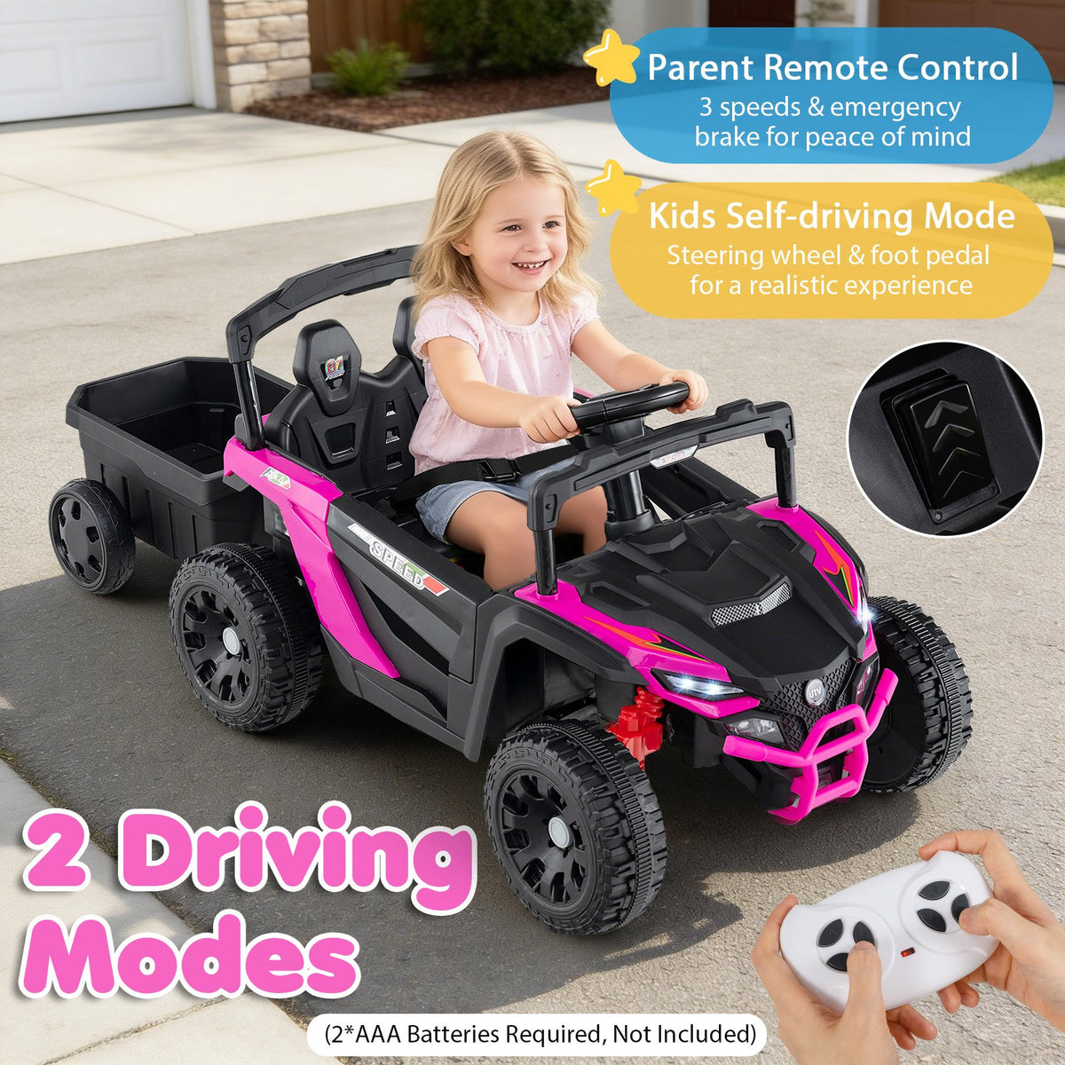 12V Battery Powered Ride On Tractor with Parent Remote Control-Black and Pink view 8