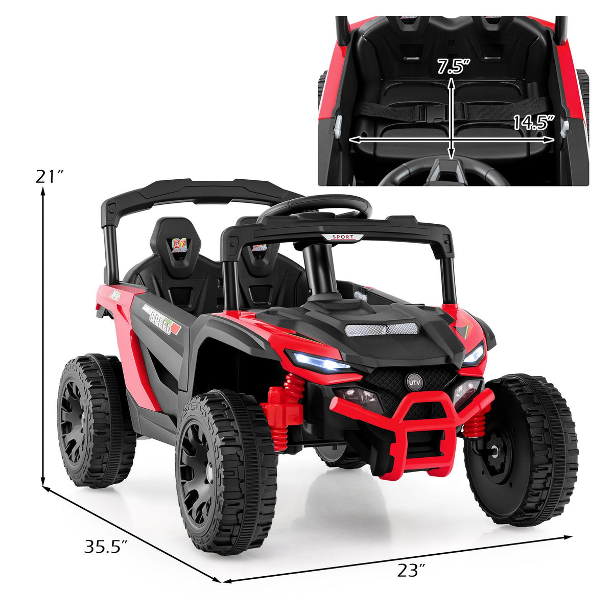 12V Kids Ride On Car UTV Electric Vehicle with LED Lights, Music and Horn-Red view 5