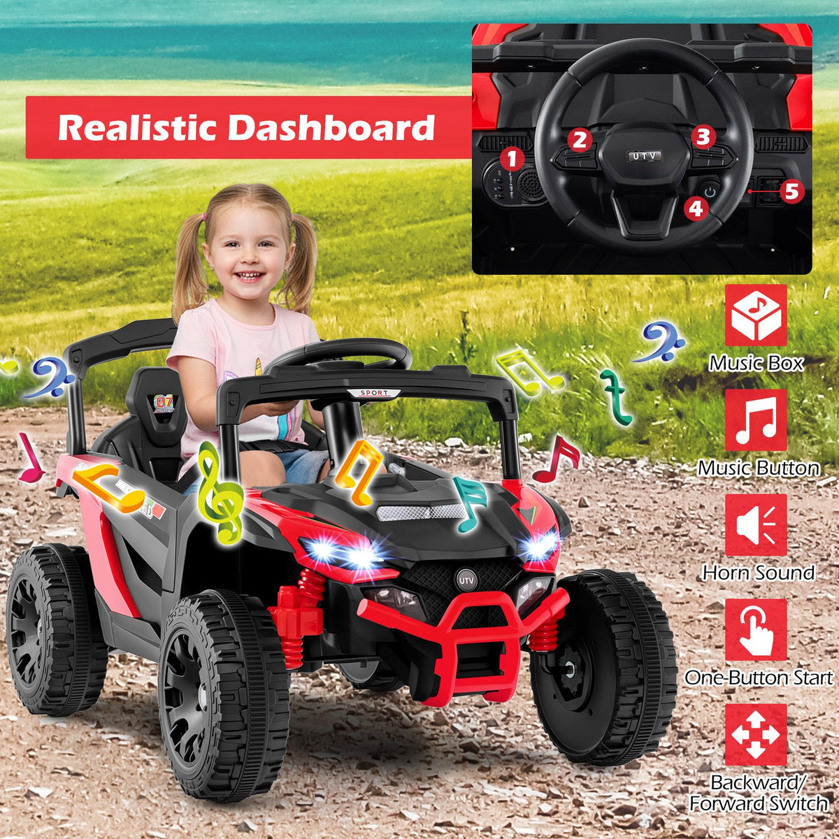 12V Kids Ride On Car UTV Electric Vehicle with LED Lights, Music and Horn-Red view 8