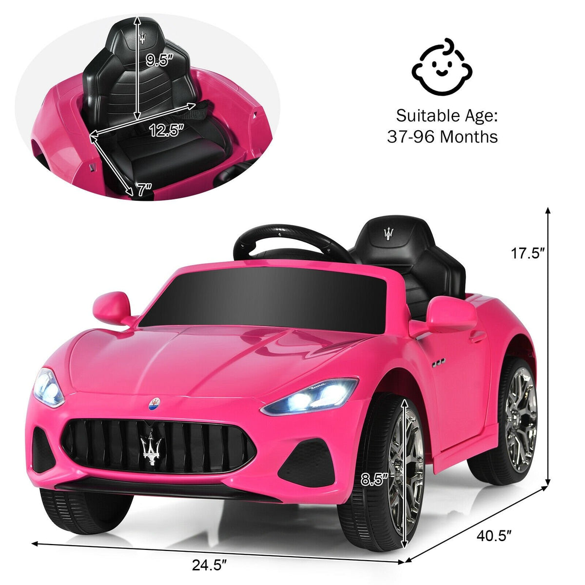 12V Kids Ride-On Car with Remote Control and Lights-Pink view 4