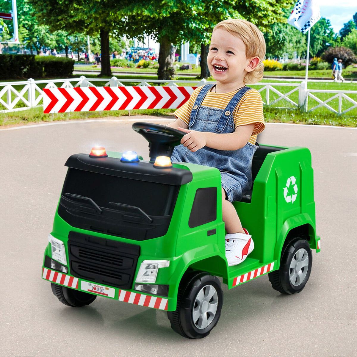 12V Kids Ride-on, Garbage Truck with Warning Lights and 6 Recycling Accessories-Green view 2