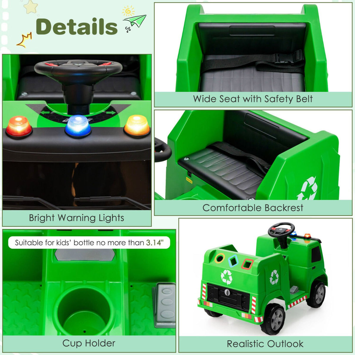 12V Kids Ride-on, Garbage Truck with Warning Lights and 6 Recycling Accessories-Green view 9