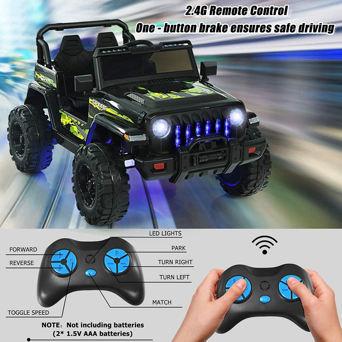 12V Kids Ride-on Jeep Car with 2.4 G Remote Control-Black & Green view 3