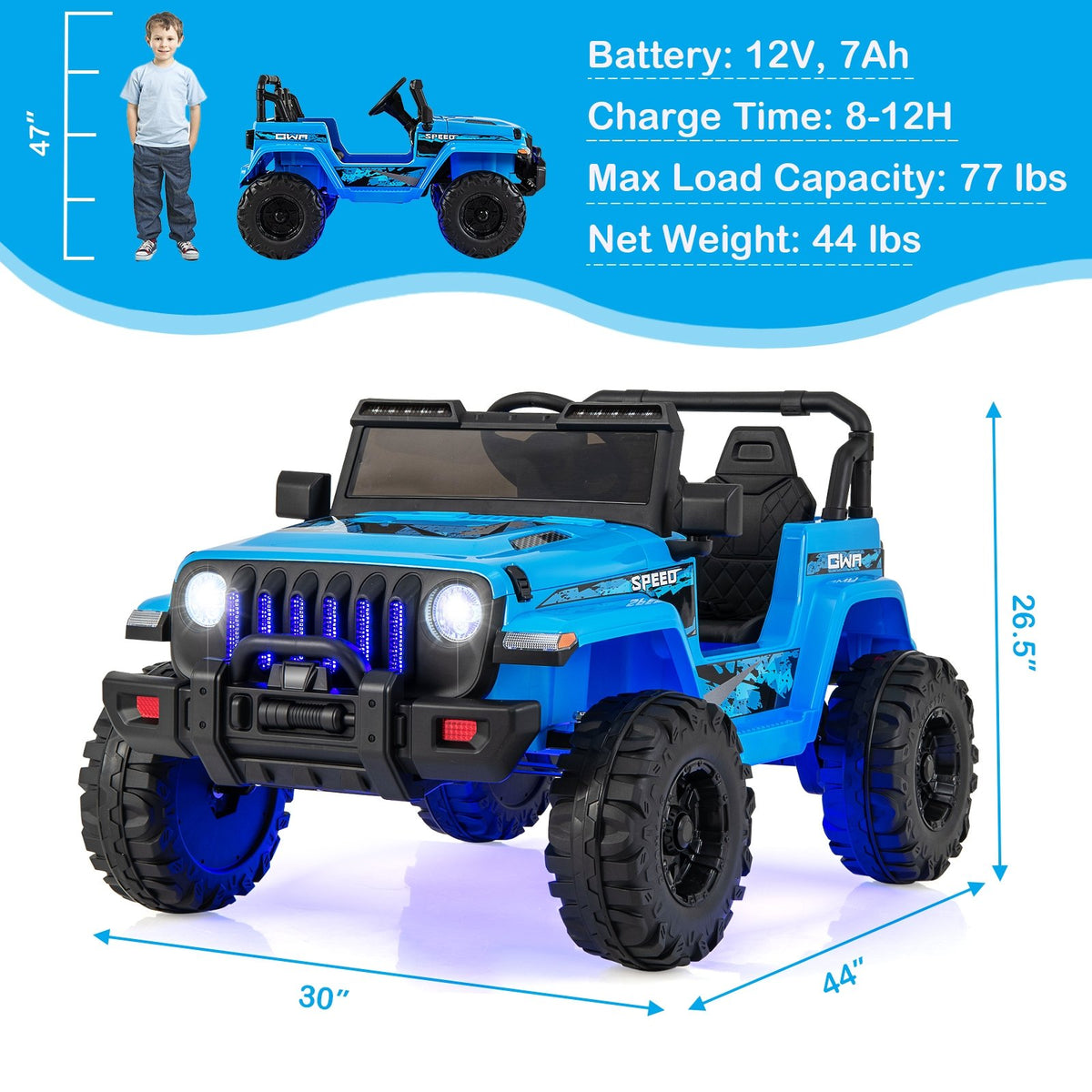 12V Kids Ride-on Jeep Car with 2.4 G Remote Control-Blue view 3