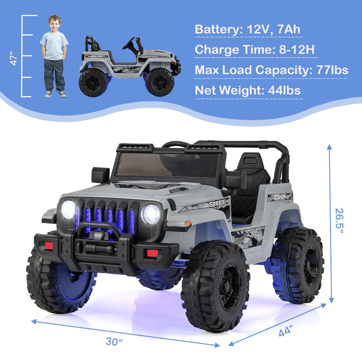 12V Kids Ride-on Jeep Car with 2.4 G Remote Control-Gray view 3