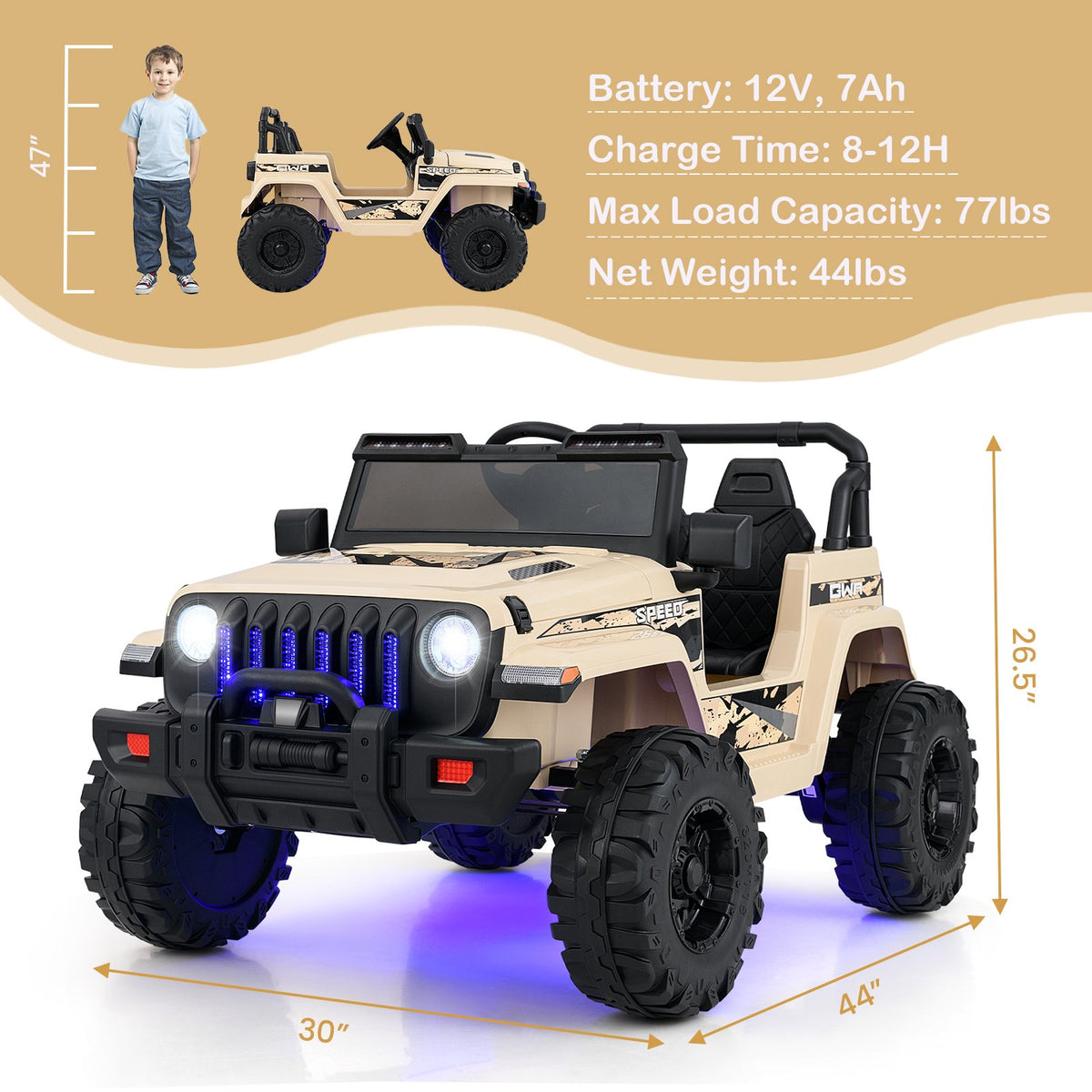 12V Kids Ride-on Jeep Car with 2.4 G Remote Control-Khaki view 3