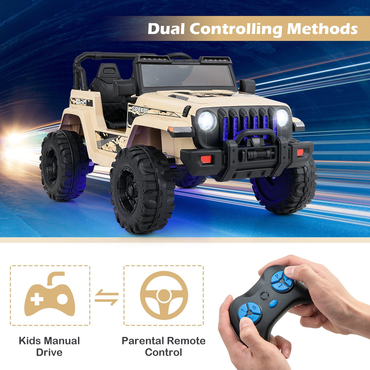12V Kids Ride-on Jeep Car with 2.4 G Remote Control-Khaki view 5
