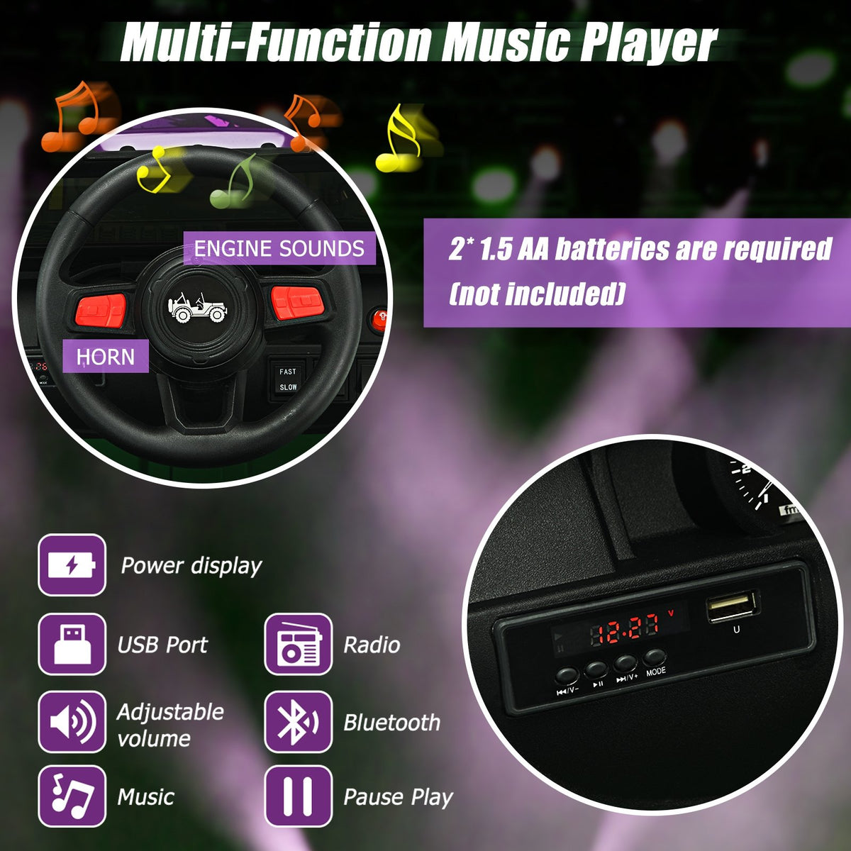 12V Kids Ride-on Jeep Car with 2.4 G Remote Control-Purple view 6