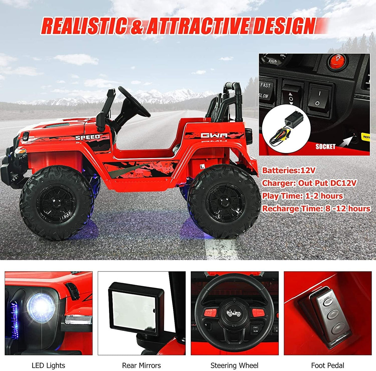 12V Kids Ride-on Jeep Car with 2.4 G Remote Control-Red view 5