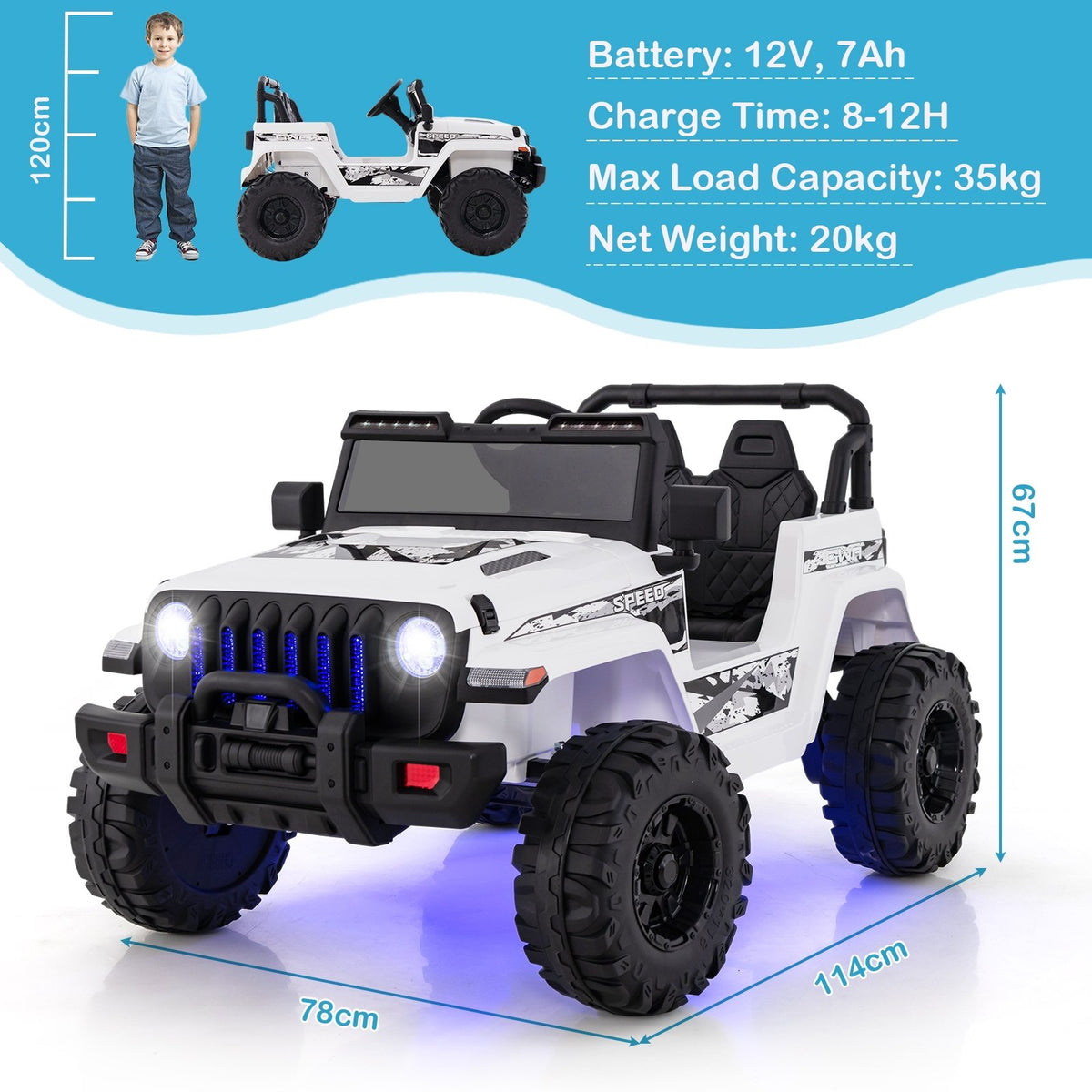 12V Kids Ride-on Jeep Car with 2.4 G Remote Control-White view 4