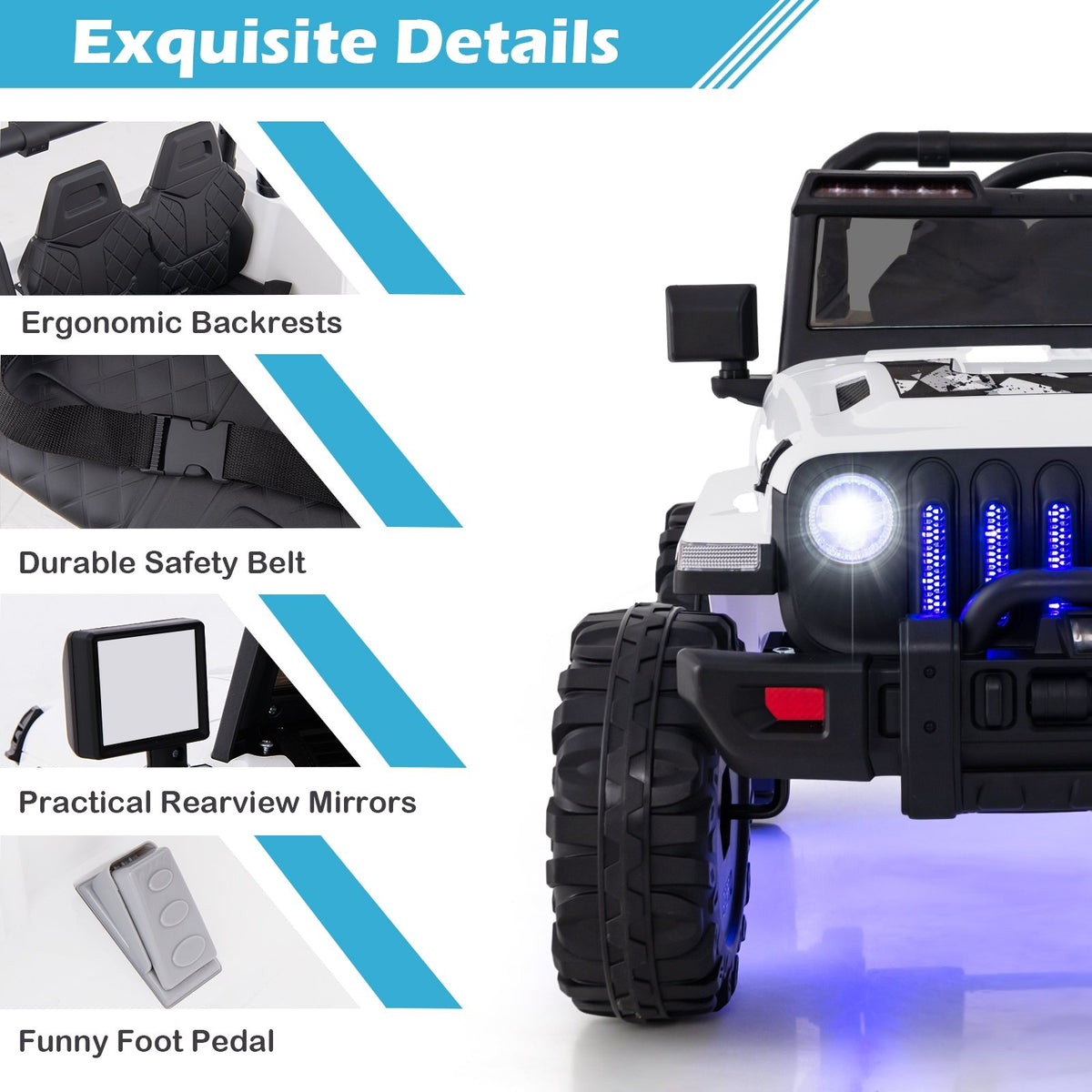 12V Kids Ride-on Jeep Car with 2.4 G Remote Control-White view 6