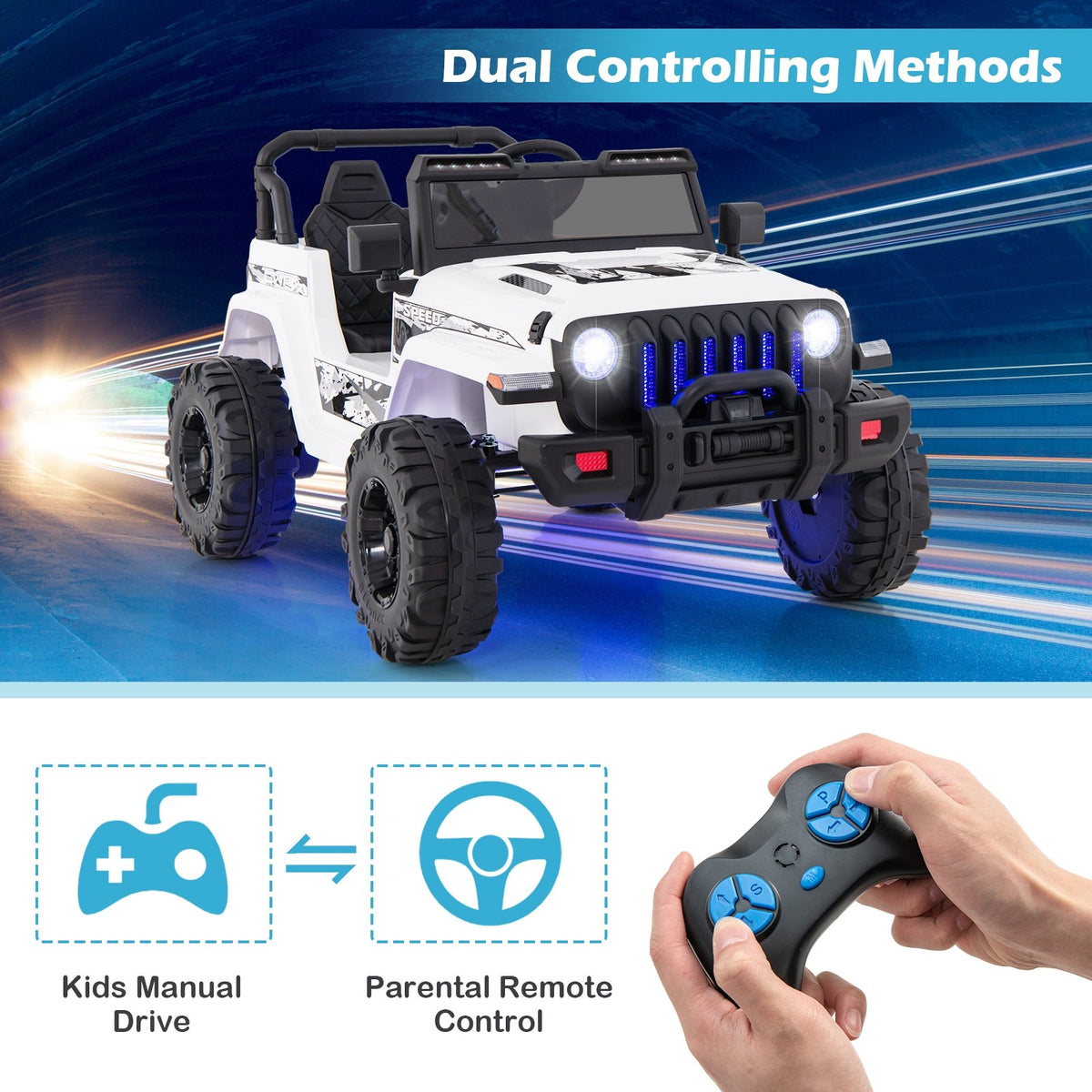12V Kids Ride-on Jeep Car with 2.4 G Remote Control-White view 7