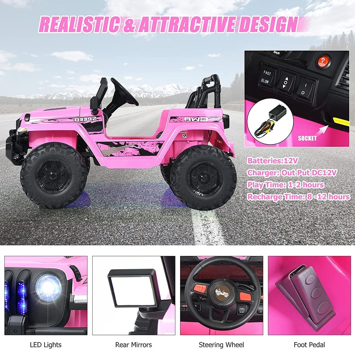 12V Kids Ride-on Jeep Car with 2.4 G Remote Control-Pink view 5