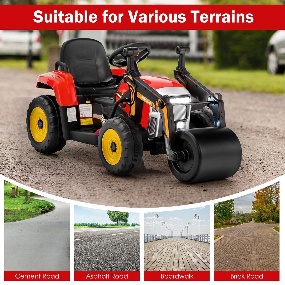 12V Kids Ride on Road Roller with 2.4G Remote Control-Red view 3