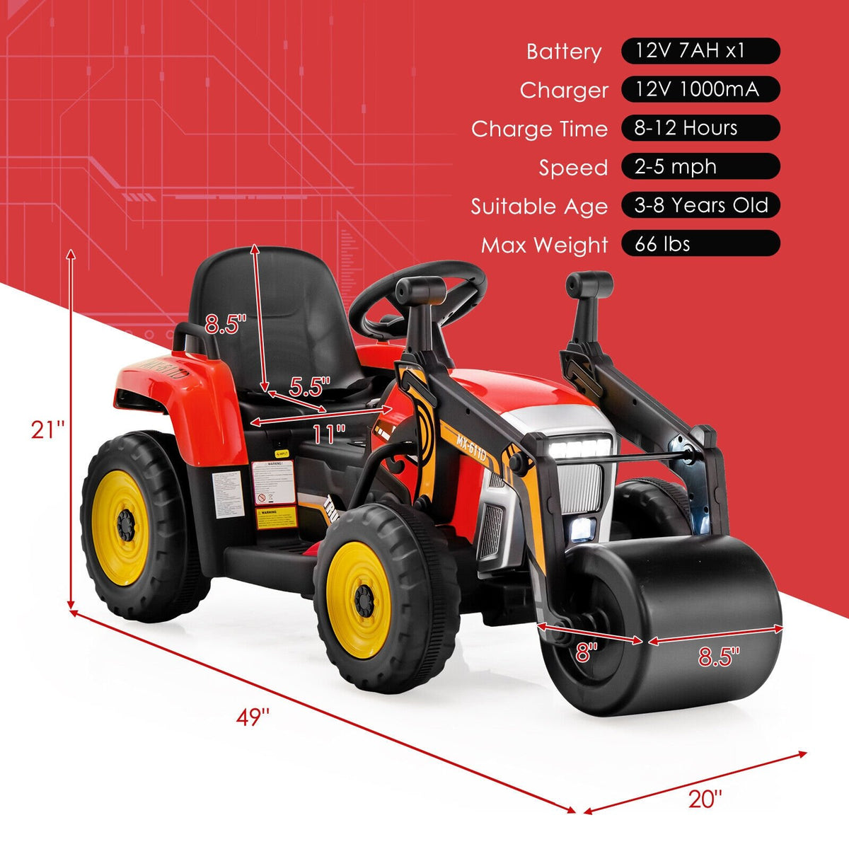 12V Kids Ride on Road Roller with 2.4G Remote Control-Red view 4
