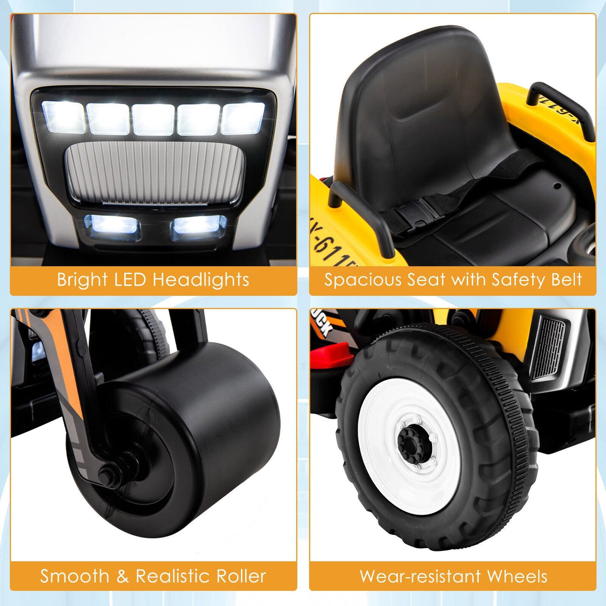 12V Kids Ride on Road Roller with 2.4G Remote Control-Yellow view 9