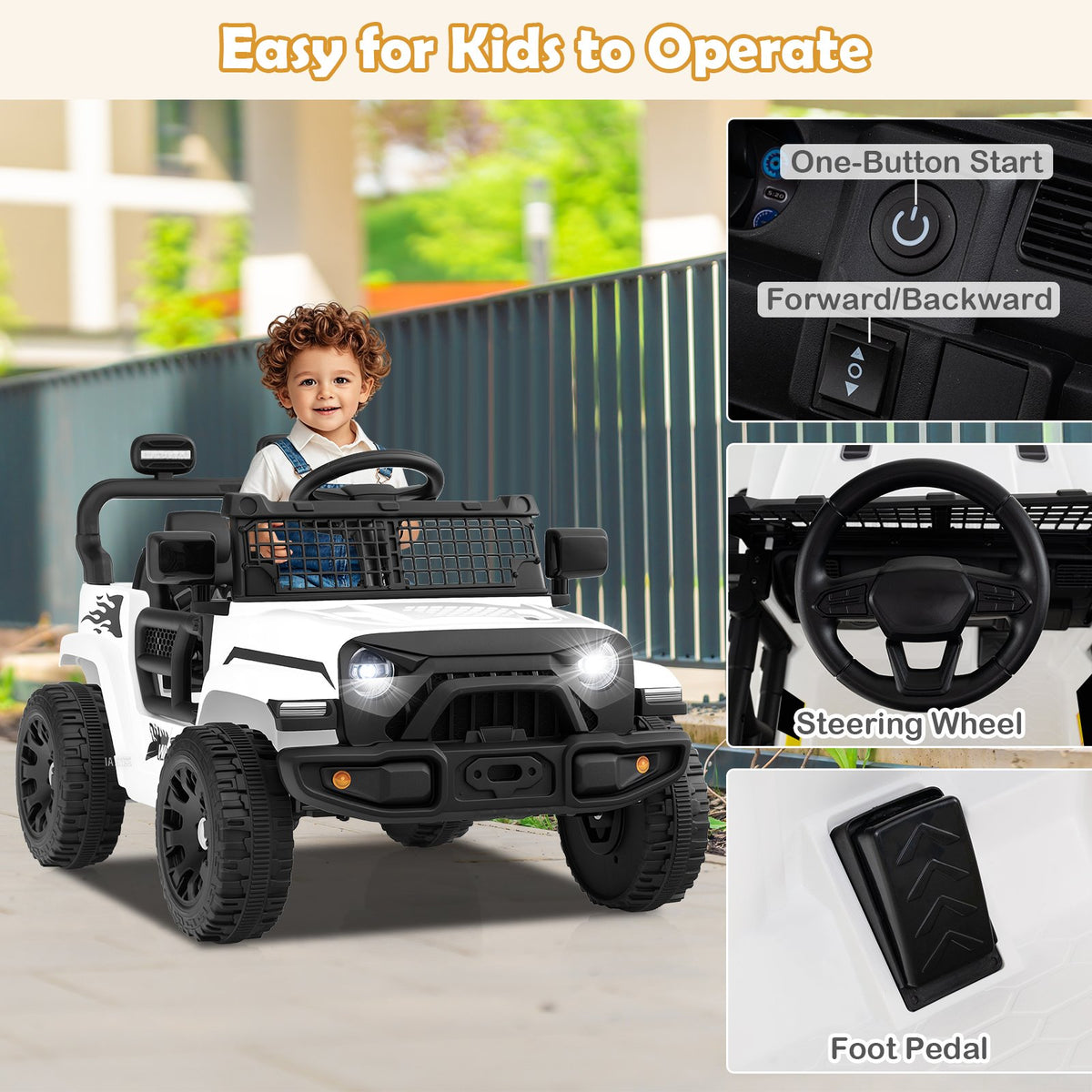 12V Kids Ride on Truck Car Battery Powered Electric Vehicle-White view 7
