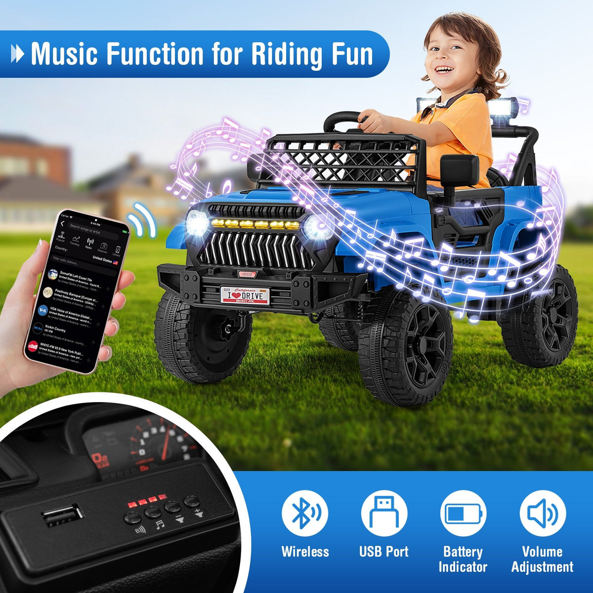 12V Kids Ride on Truck Car with Parental Remote and Music Player-Navy view 8