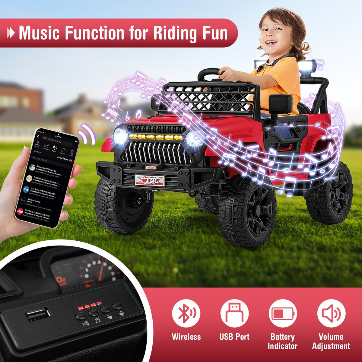 12V Kids Ride on Truck Car with Parental Remote and Music Player-Red view 8