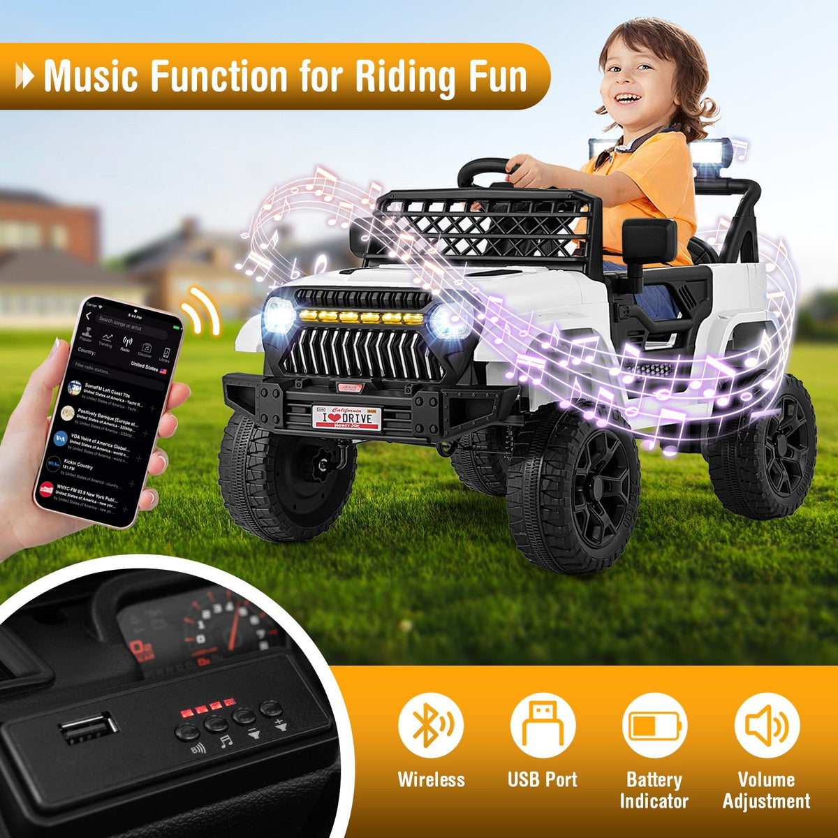 12V Kids Ride on Truck Car with Parental Remote and Music Player-White view 7