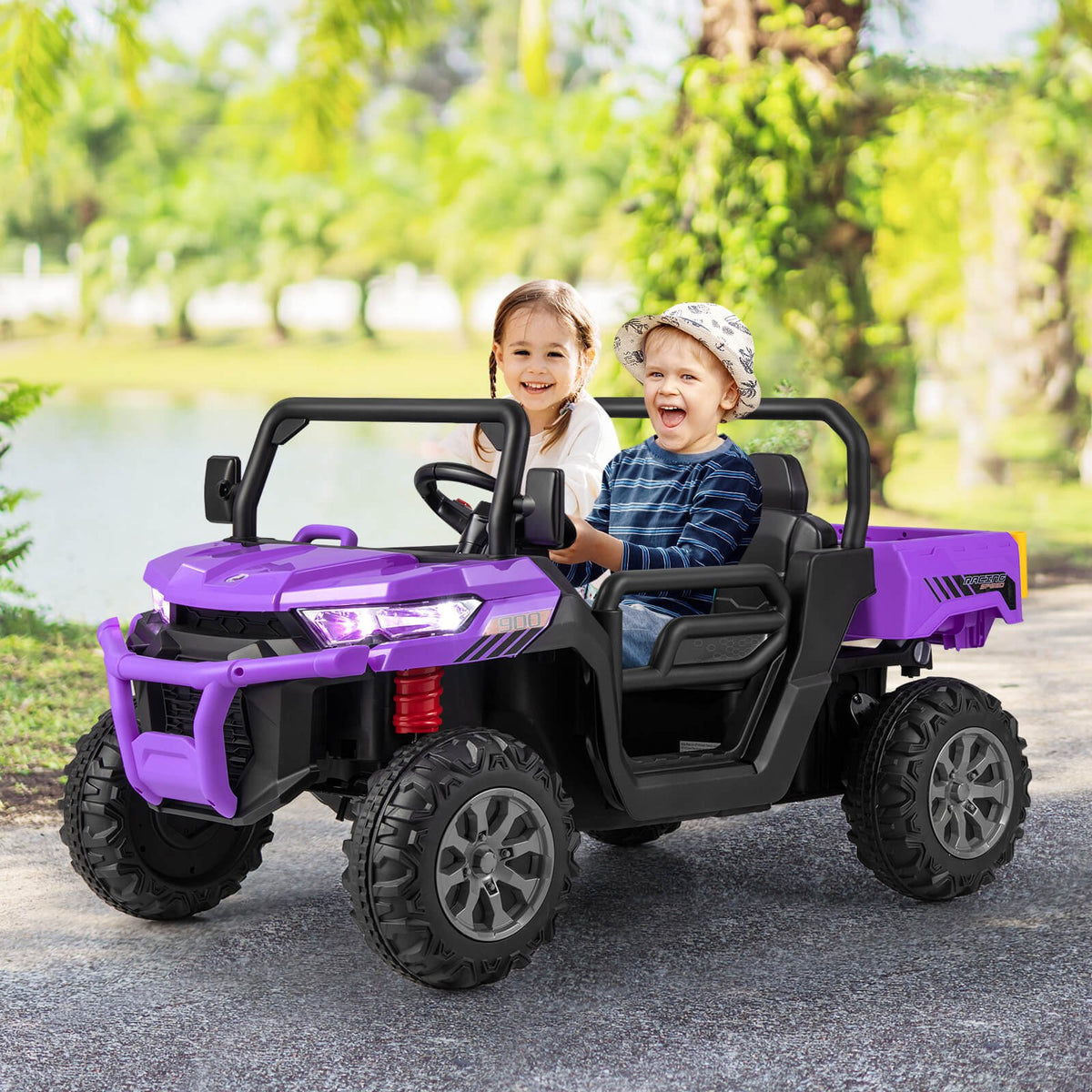 12V 2-Seater Kids Ride On Dump Truck with Dump Bed and Shovel-Purple view 2
