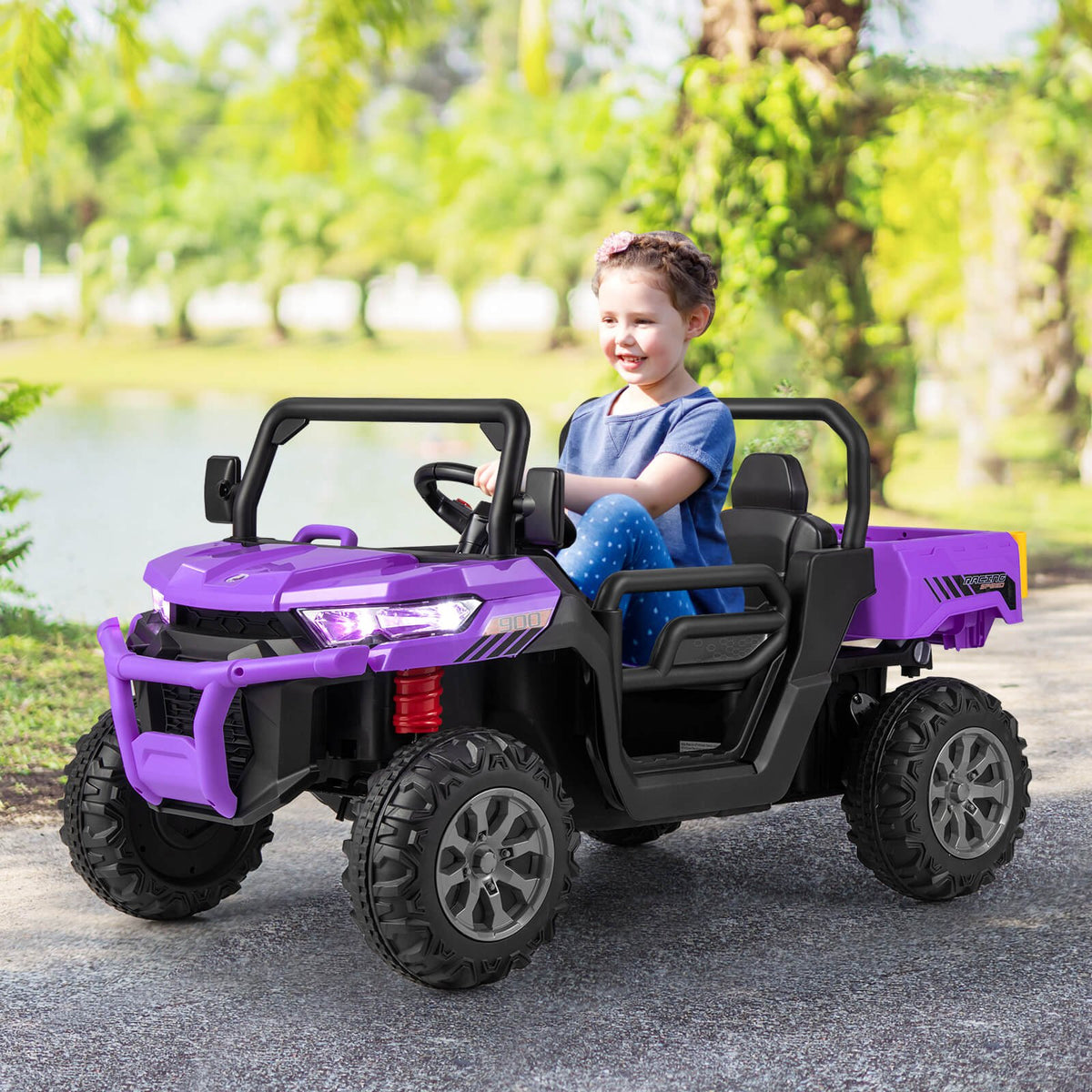 12V 2-Seater Kids Ride On Dump Truck with Dump Bed and Shovel-Purple view 3