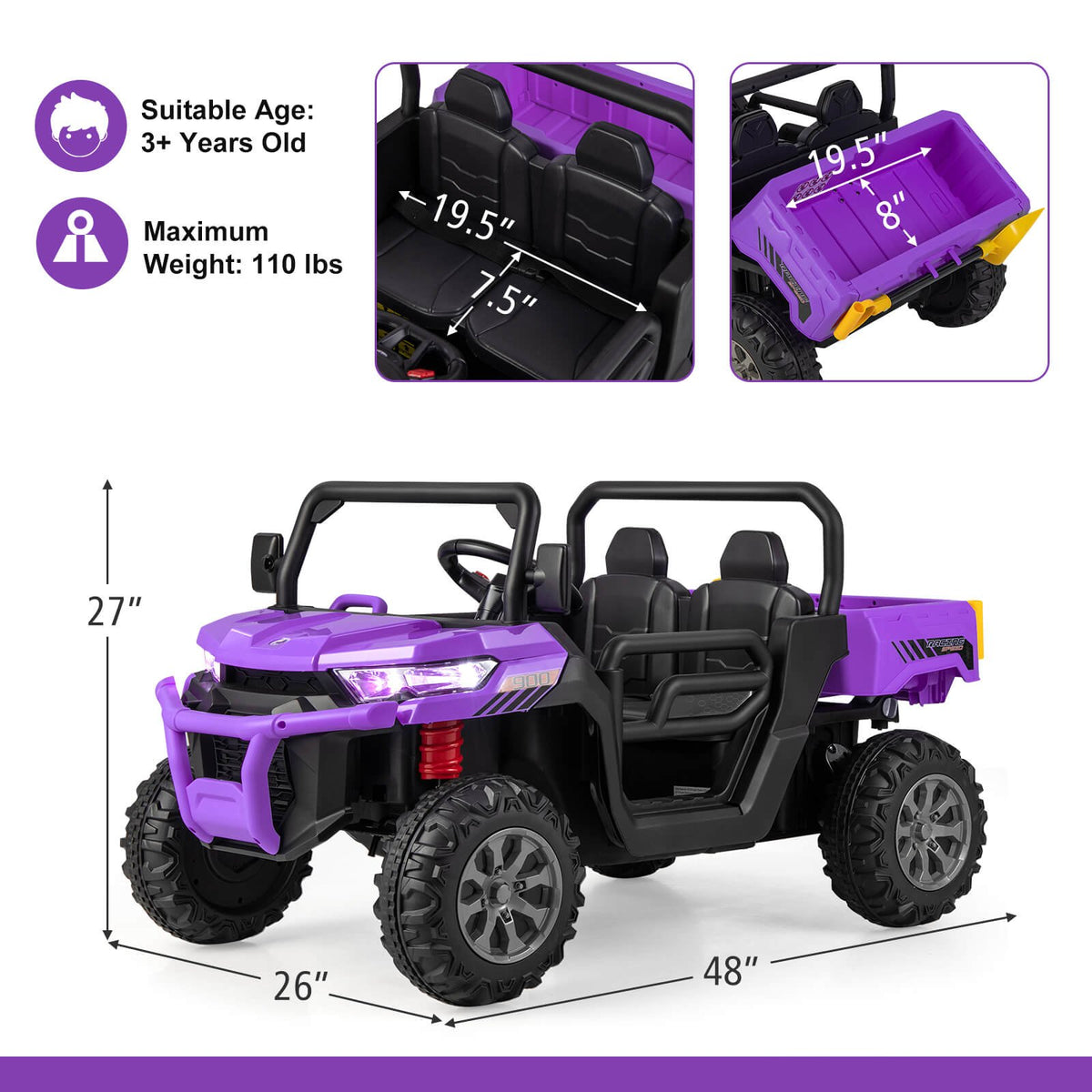 12V 2-Seater Kids Ride On Dump Truck with Dump Bed and Shovel-Purple view 5