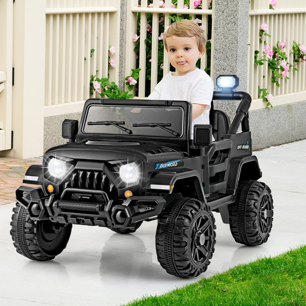 12V Kids Ride on Truck Car with Remote Control Threaded Wheels and 3 Speeds-Black view 2