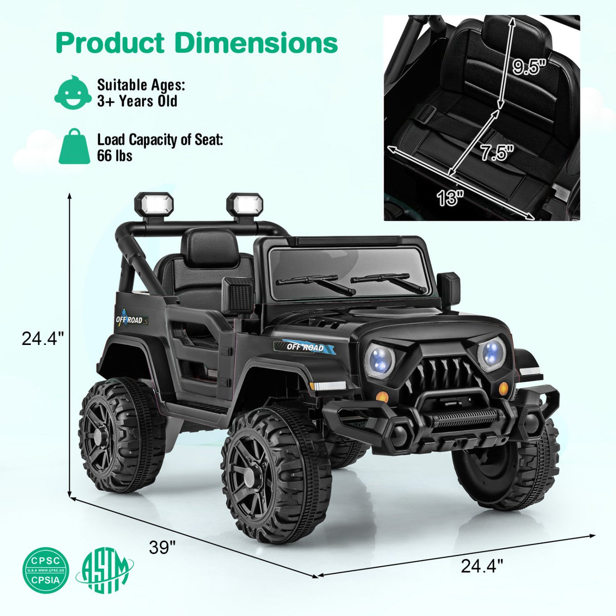 12V Kids Ride on Truck Car with Remote Control Threaded Wheels and 3 Speeds-Black view 5